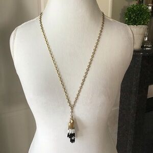 J.Crew Tassel Necklace Gold Tone Chain Black White Seed Bead Fringe Boho Chic